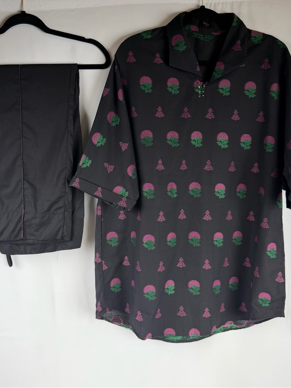 Black Button-Up Shirt with Pink & Green Floral Print